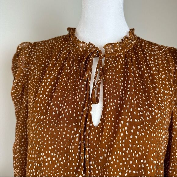 Cece Brown and White Tie Neck Ruffle Long Sleeve Blouse - Size Small EUC - Picture 3 of 7